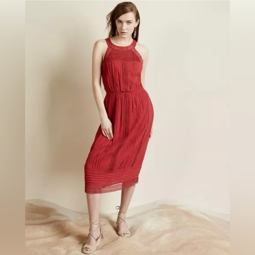 Joie Dance Halter Eyelet Crochet Midi Dress Women Size Small Brick Red